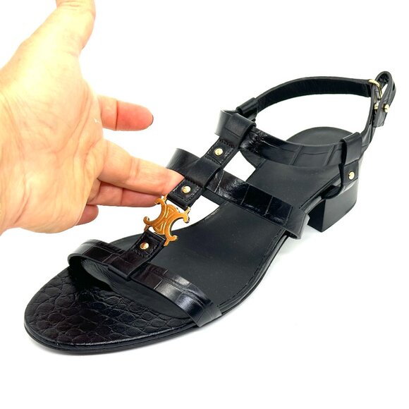 CELINE Triomphe Logo Crocodile Embossed Leather Strappy Block Heel Sandals - Picture 3 of 15